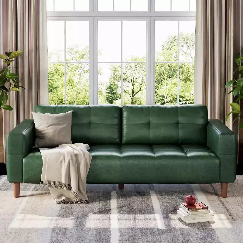 210.8 cm Faux Leather 3-Seater Sofa with Back Cushion – Mid-Century Modern
