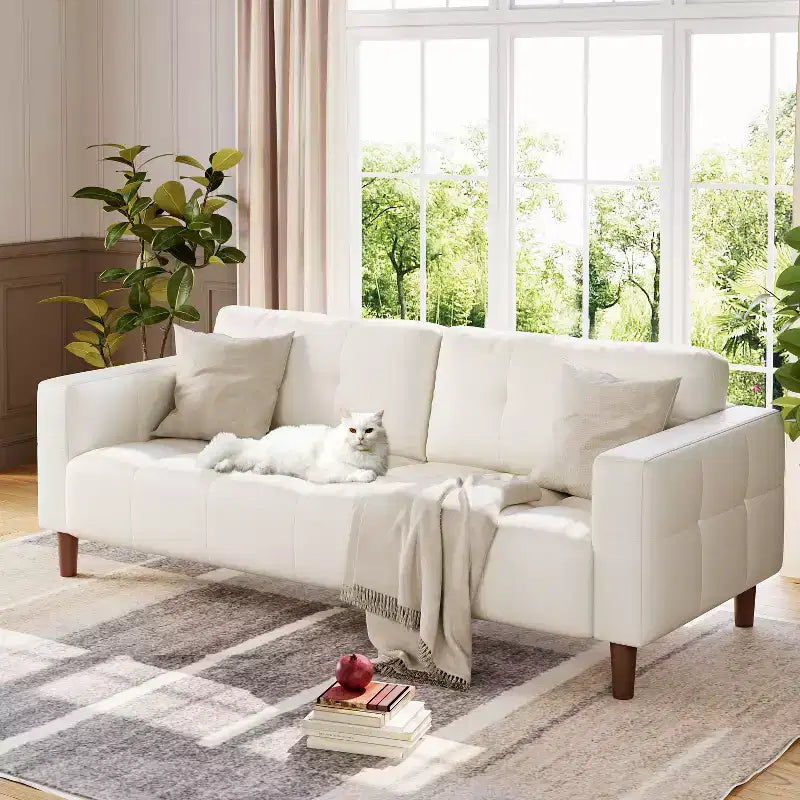 210.8 cm Faux Leather 3-Seater Sofa with Back Cushion – Mid-Century Modern