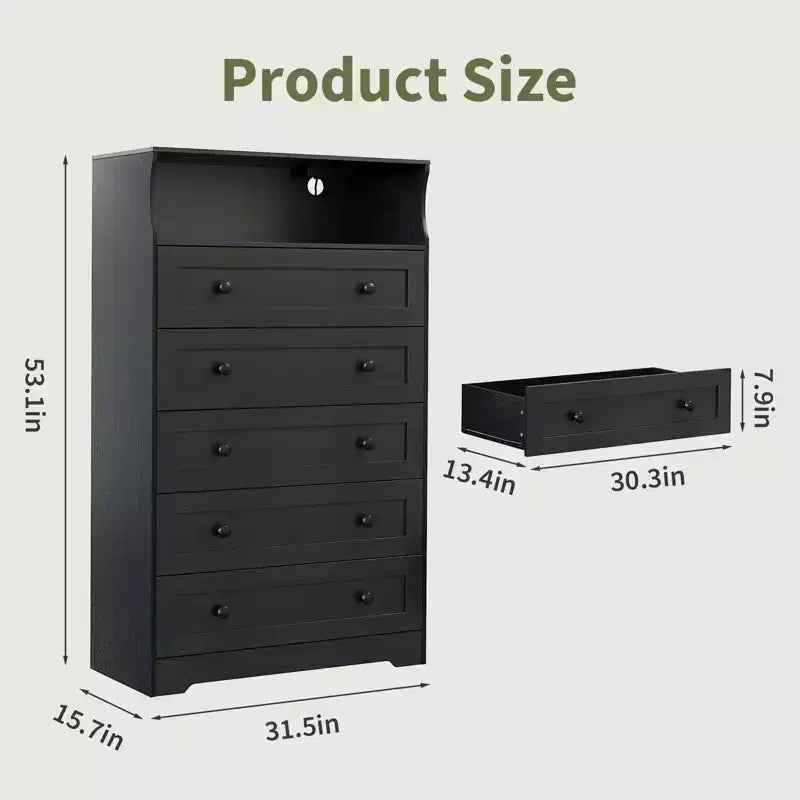 Cassettiera alta a 5 cassetti con ripiano espositivo, mobile contenitore moderno in legno per camera da letto e corridoio