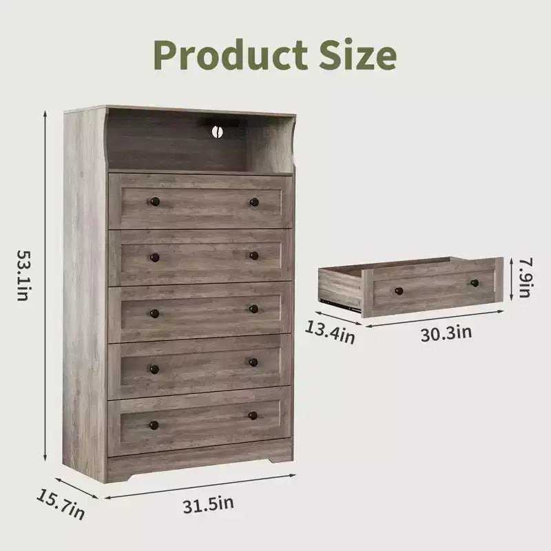 Cassettiera alta a 5 cassetti con ripiano espositivo, mobile contenitore moderno in legno per camera da letto e corridoio