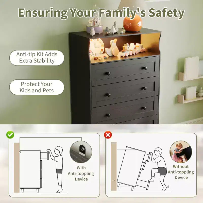 Cassettiera alta a 5 cassetti con ripiano espositivo, mobile contenitore moderno in legno per camera da letto e corridoio