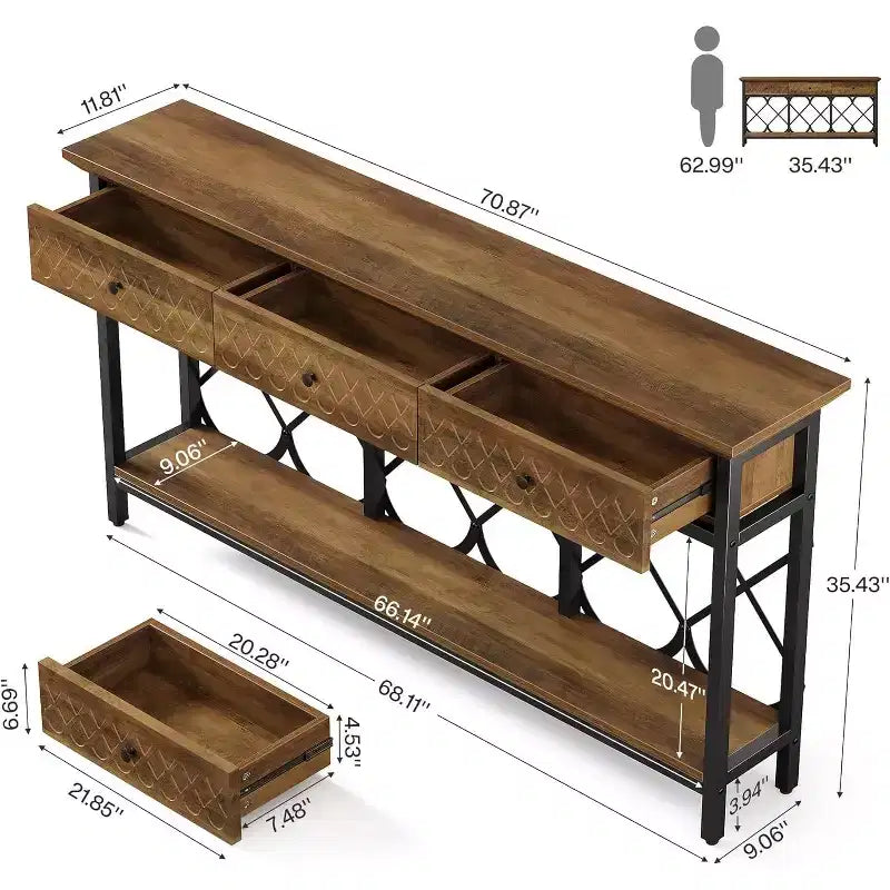 Tavolo Consolle Divano Extra Lungo da 70.86" con 3 Cassetti, Tavolo da Ingresso Stretto a 2 Ripiani Industriale
