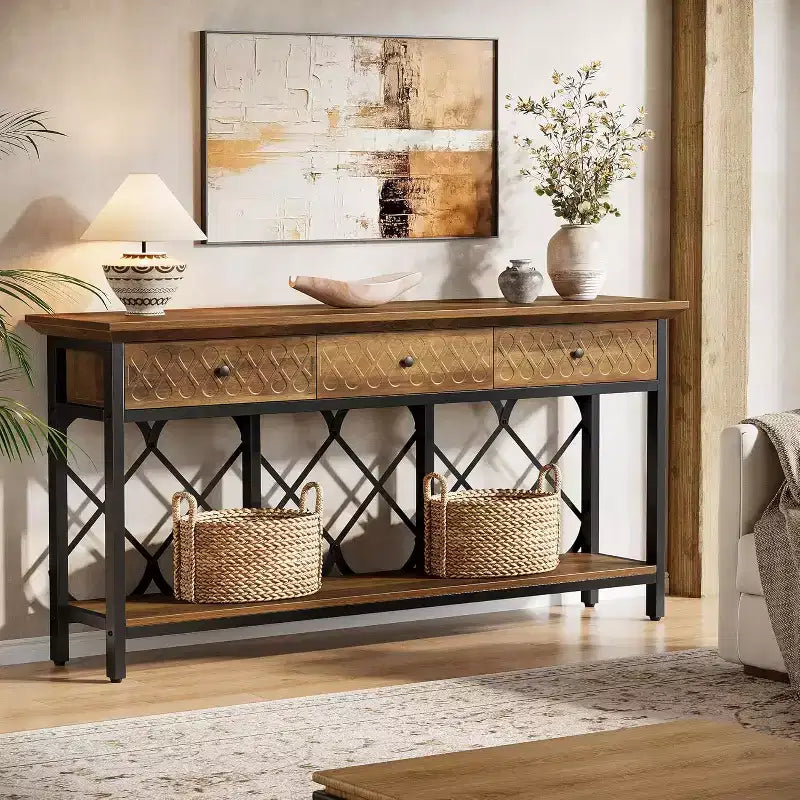 Tavolo Consolle Divano Extra Lungo da 70.86" con 3 Cassetti, Tavolo da Ingresso Stretto a 2 Ripiani Industriale