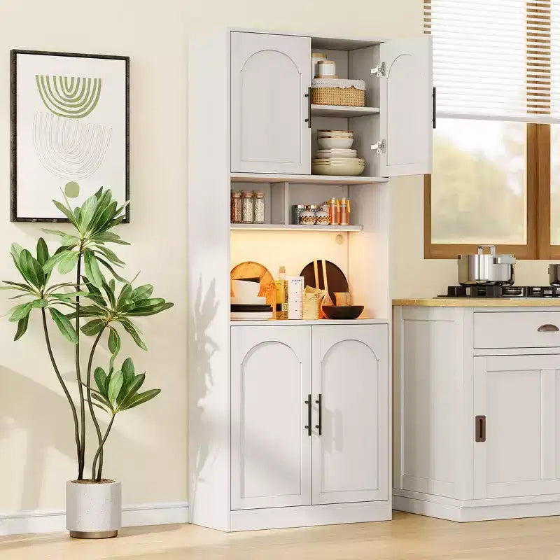 Mobile Dispensa Alto da Cucina con Mobile Bar, Mobile Dispensa da Cucina con Supporto per Microonde con Luce a LED, Armadio per Sala da Pranzo,