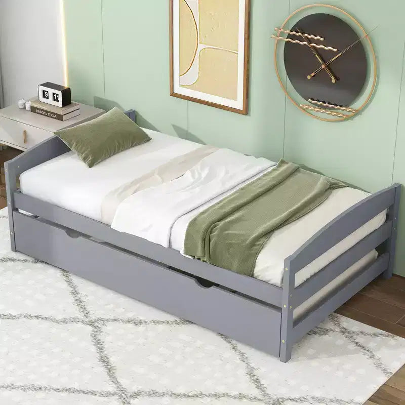 Letto a Piattaforma Gemello con Testiera, Pediera e Letto Estraibile, Struttura in Legno di Pino, Nessuna Rete a Molle Necessaria