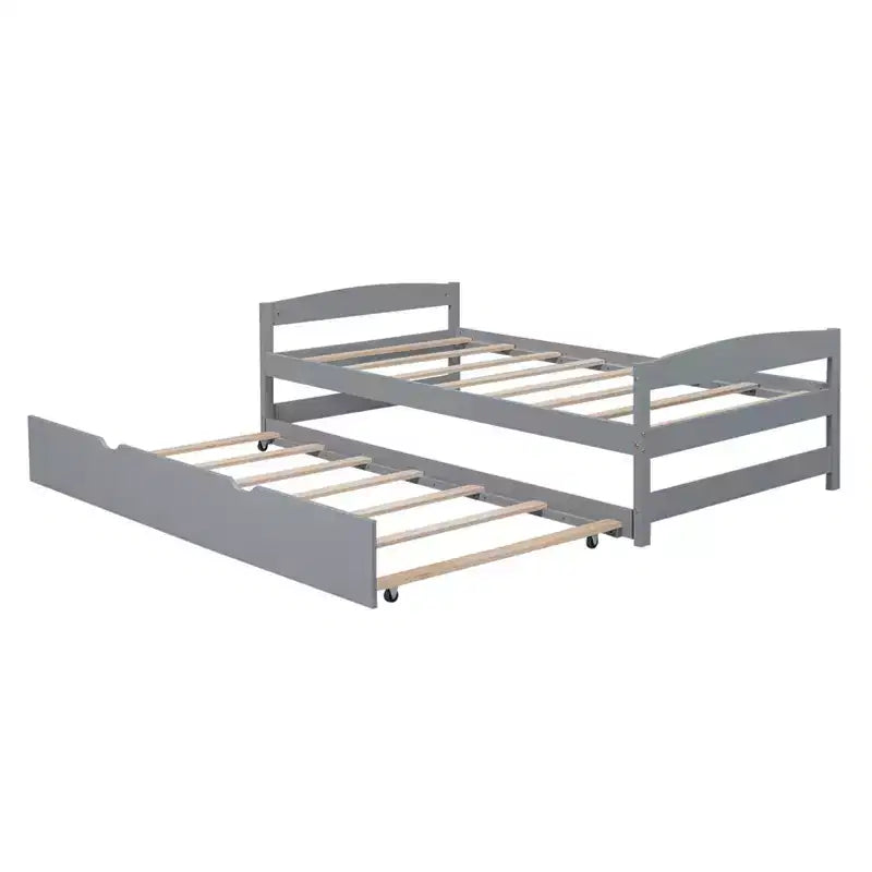 Letto a Piattaforma Gemello con Testiera, Pediera e Letto Estraibile, Struttura in Legno di Pino, Nessuna Rete a Molle Necessaria