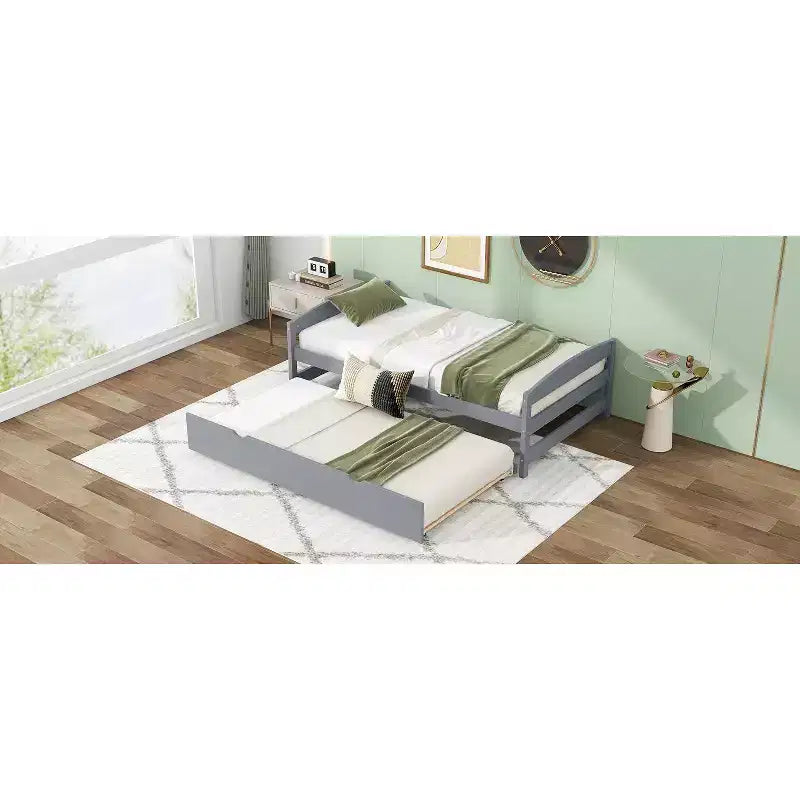 Letto a Piattaforma Gemello con Testiera, Pediera e Letto Estraibile, Struttura in Legno di Pino, Nessuna Rete a Molle Necessaria