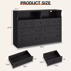 Cassettiera a 7 cassetti per camera da letto con luci a LED, cassettiera in legno con 2 scomparti aperti e stazione di ricarica per armadio, ingresso