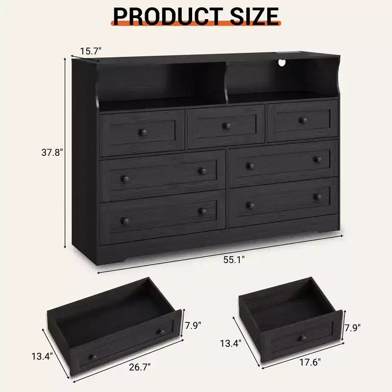 Cassettiera a 7 cassetti per camera da letto con luci a LED, cassettiera in legno con 2 scomparti aperti e stazione di ricarica per armadio, ingresso