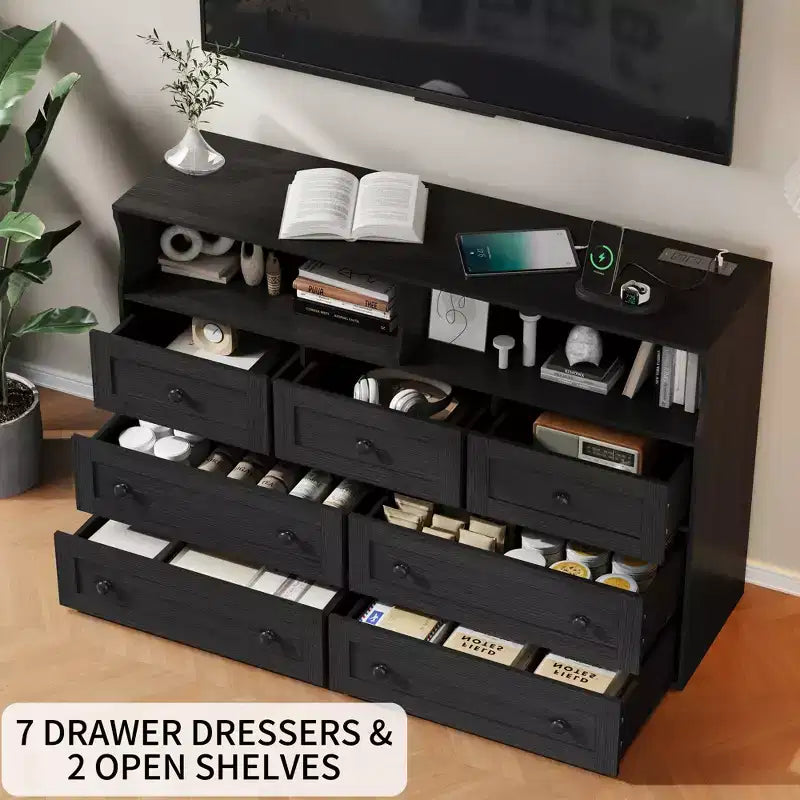 Cassettiera a 7 cassetti per camera da letto con luci a LED, cassettiera in legno con 2 scomparti aperti e stazione di ricarica per armadio, ingresso