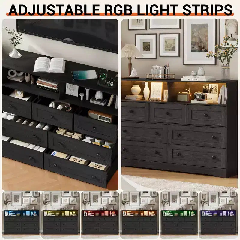 Cassettiera a 7 cassetti per camera da letto con luci a LED, cassettiera in legno con 2 scomparti aperti e stazione di ricarica per armadio, ingresso