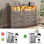 Cassettiera a 7 cassetti per camera da letto con luci a LED, cassettiera in legno con 2 scomparti aperti e stazione di ricarica per armadio, ingresso