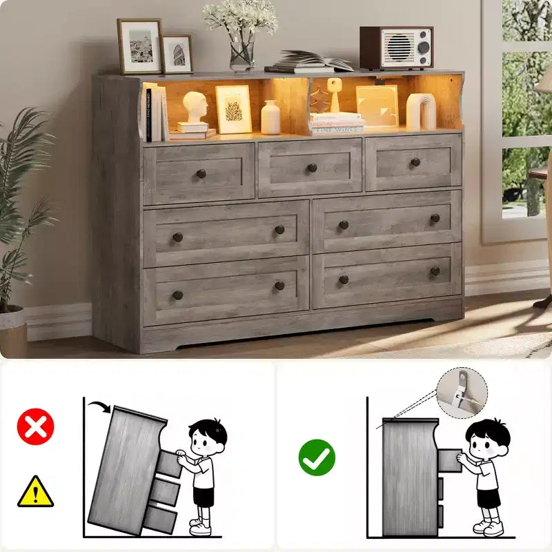 Cassettiera a 7 cassetti per camera da letto con luci a LED, cassettiera in legno con 2 scomparti aperti e stazione di ricarica per armadio, ingresso