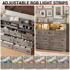 Cassettiera a 7 cassetti per camera da letto con luci a LED, cassettiera in legno con 2 scomparti aperti e stazione di ricarica per armadio, ingresso