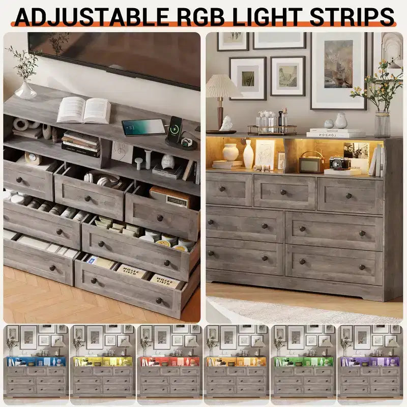 Cassettiera a 7 cassetti per camera da letto con luci a LED, cassettiera in legno con 2 scomparti aperti e stazione di ricarica per armadio, ingresso