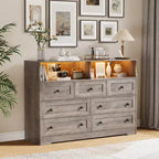 7 Drawer Dresser for Bedroom with LED Lights, Wooden Chest of Drawers with 2 Open Compartments and Charging Station for Closet, Entryway