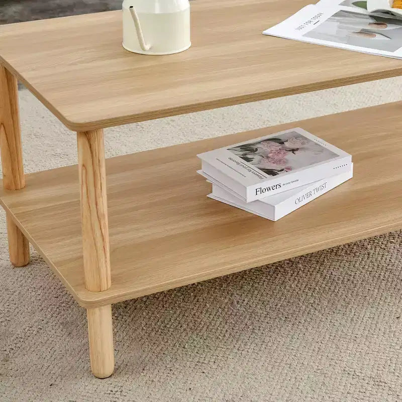 Moderno tavolino da caffè rettangolare a 2 livelli con ripiano aperto e gambe arrotondate in legno massello, tavolino da divano per soggiorno, ufficio o area reception