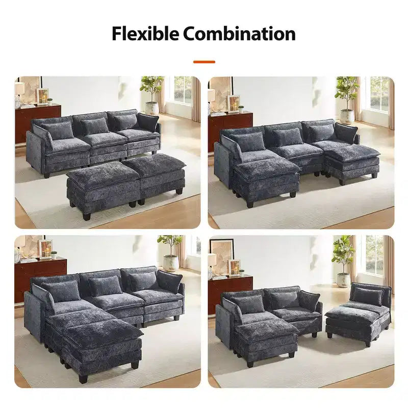 Divano modulare componibile in ciniglia grigia moderna, divano a L combinabile regolabile, mobili per soggiorno combinabili in modo flessibile, blu