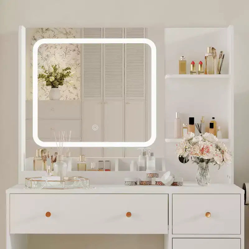 Toeletta Trucco con Specchio, Tavolo Trucco con Porta Asciugacapelli, Cassetti portaoggetti e Ripiani con Sgabello Imbottito per Camera da Letto
