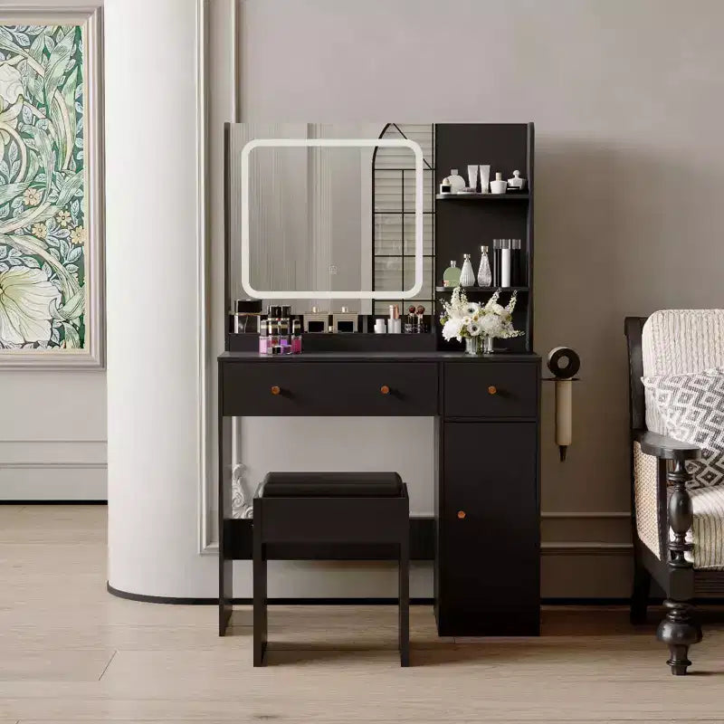 Toeletta Trucco con Specchio, Tavolo Trucco con Porta Asciugacapelli, Cassetti portaoggetti e Ripiani con Sgabello Imbottito per Camera da Letto