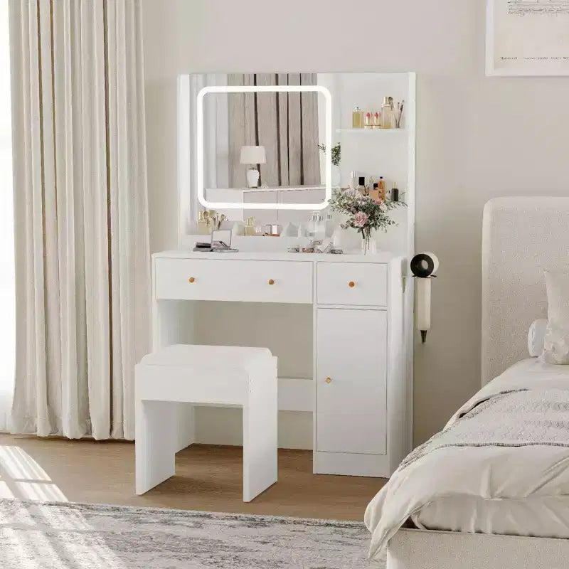 Toeletta Trucco con Specchio, Tavolo Trucco con Porta Asciugacapelli, Cassetti portaoggetti e Ripiani con Sgabello Imbottito per Camera da Letto