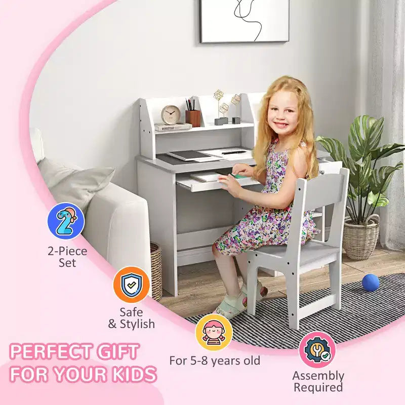 Set Scrivania e Sedia per Bambini con Contenitore, Scrivania da Studio con Sedia per Bambini dai 5 agli 8 Anni - Grigio