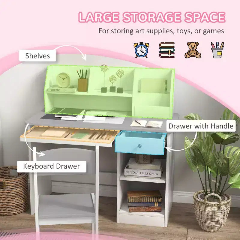 Set Scrivania e Sedia per Bambini con Contenitore, Scrivania da Studio con Sedia per Bambini dai 5 agli 8 Anni - Grigio
