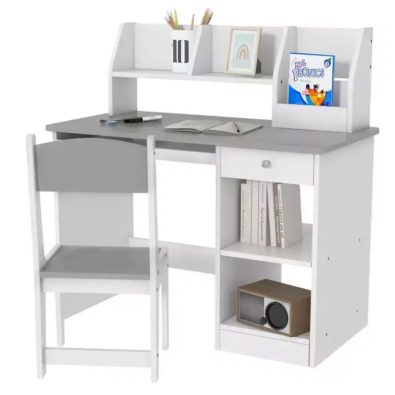 Set Scrivania e Sedia per Bambini con Contenitore, Scrivania da Studio con Sedia per Bambini dai 5 agli 8 Anni - Grigio