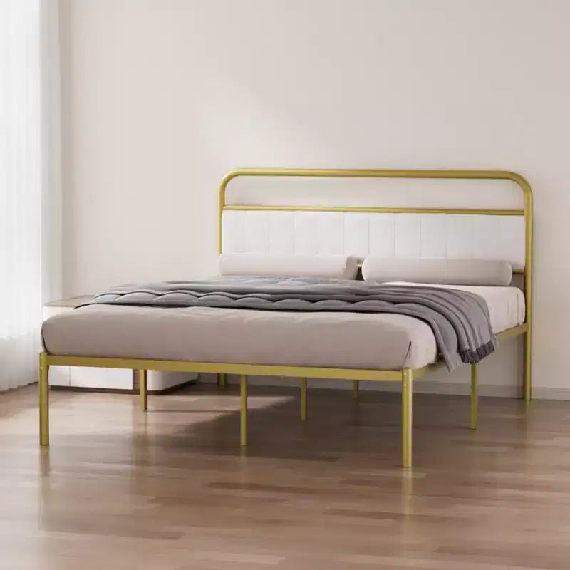 Modern steel platform bed frame with linen upholstered headboard