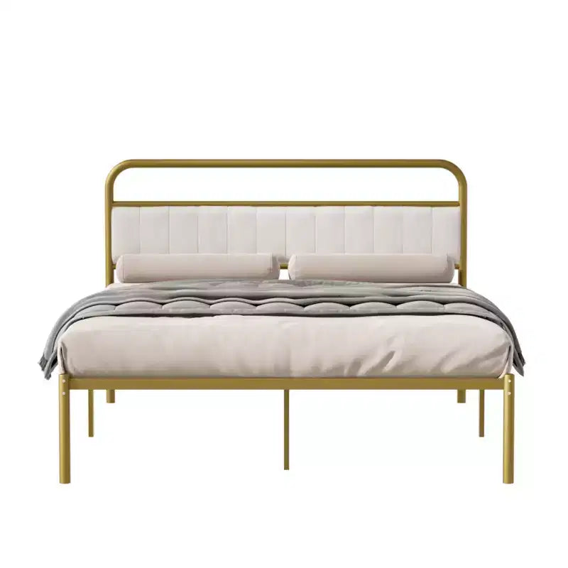 Modern Steel Platform Bed Frame with Linen Upholstered Headboard