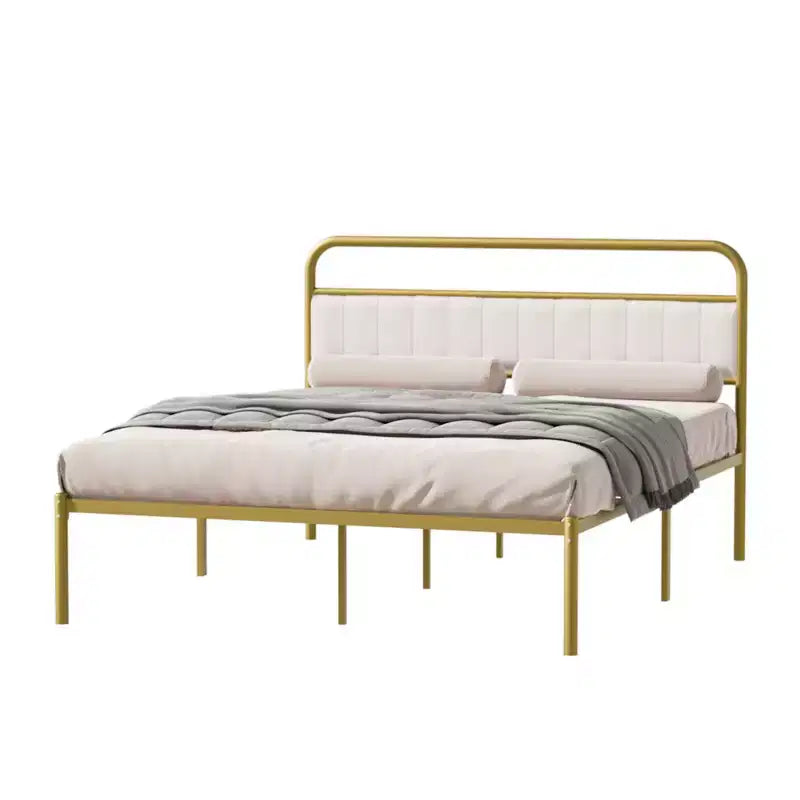 Modern Steel Platform Bed Frame with Linen Upholstered Headboard
