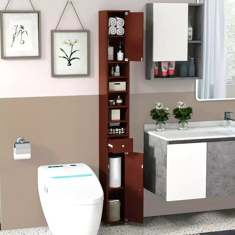 Tall Slim Bathroom Storage Cabinet Linen Tower with Drawer and Adjustable Shelves