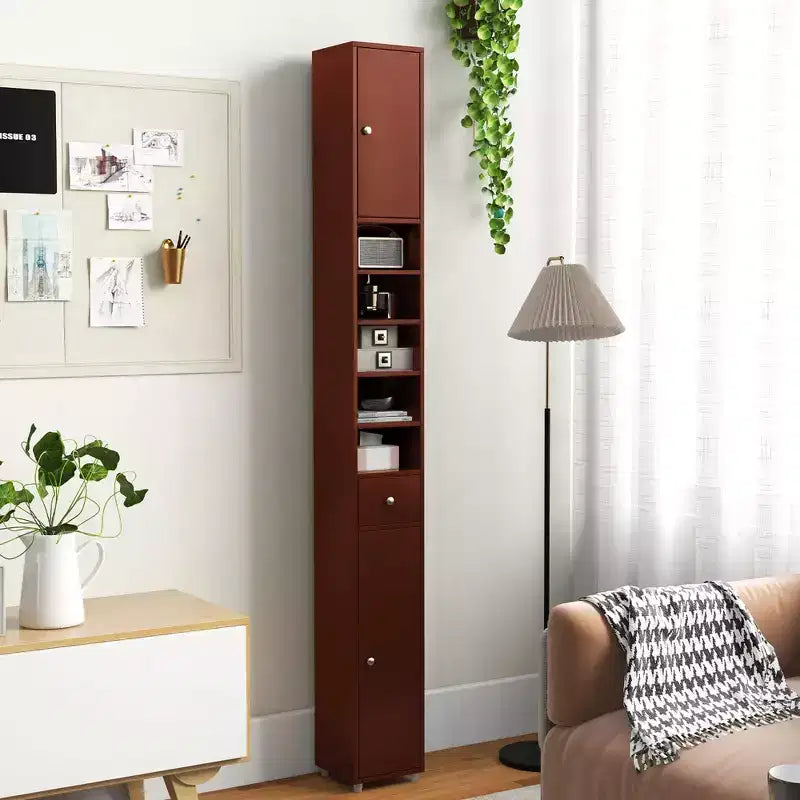 Tall Slim Bathroom Storage Cabinet Linen Tower with Drawer and Adjustable Shelves