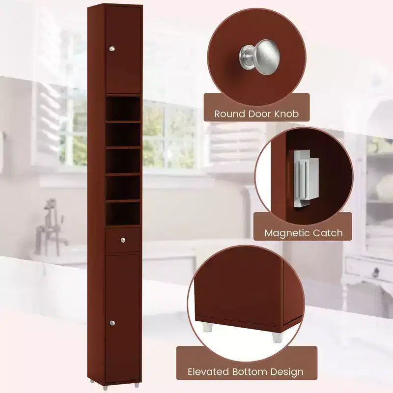 Tall Slim Bathroom Storage Cabinet Linen Tower with Drawer and Adjustable Shelves