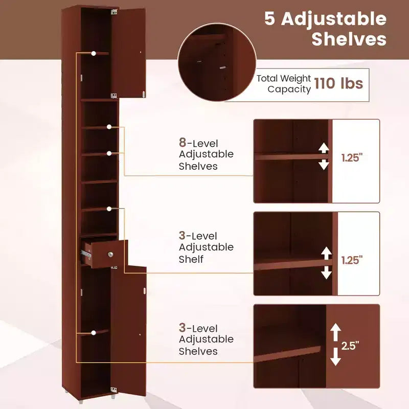 Tall Slim Bathroom Storage Cabinet Linen Tower with Drawer and Adjustable Shelves