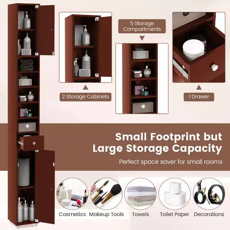 Tall Slim Bathroom Storage Cabinet Linen Tower with Drawer and Adjustable Shelves