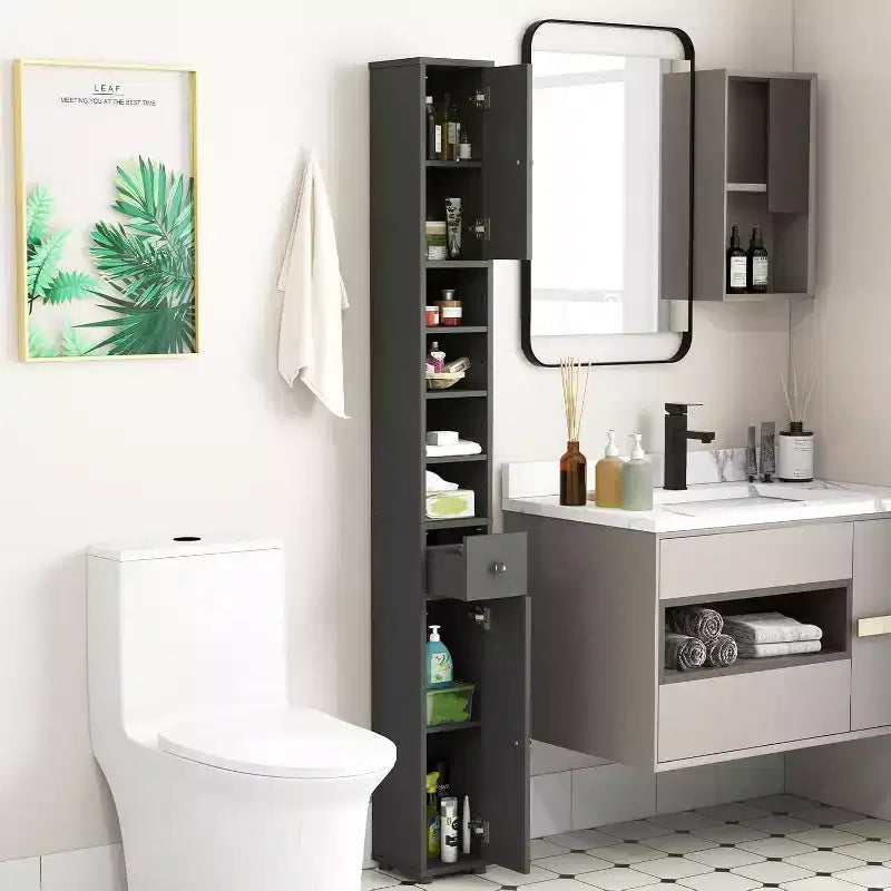 Tall Slim Bathroom Storage Cabinet Linen Tower with Drawer and Adjustable Shelves