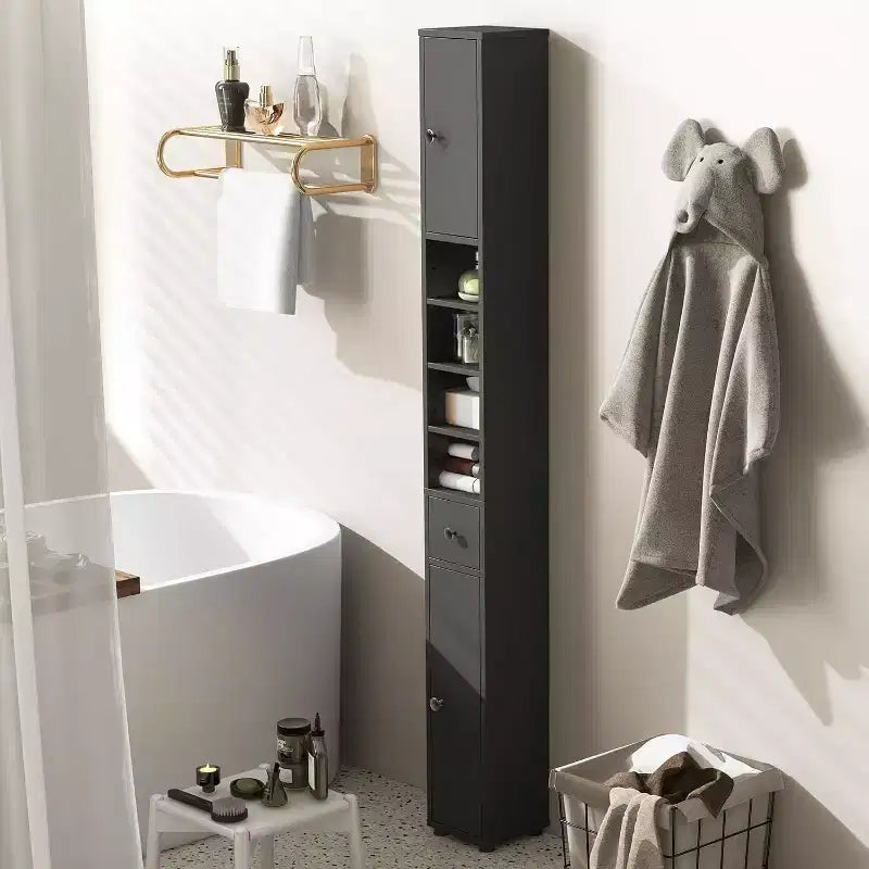Tall Slim Bathroom Storage Cabinet Linen Tower with Drawer and Adjustable Shelves