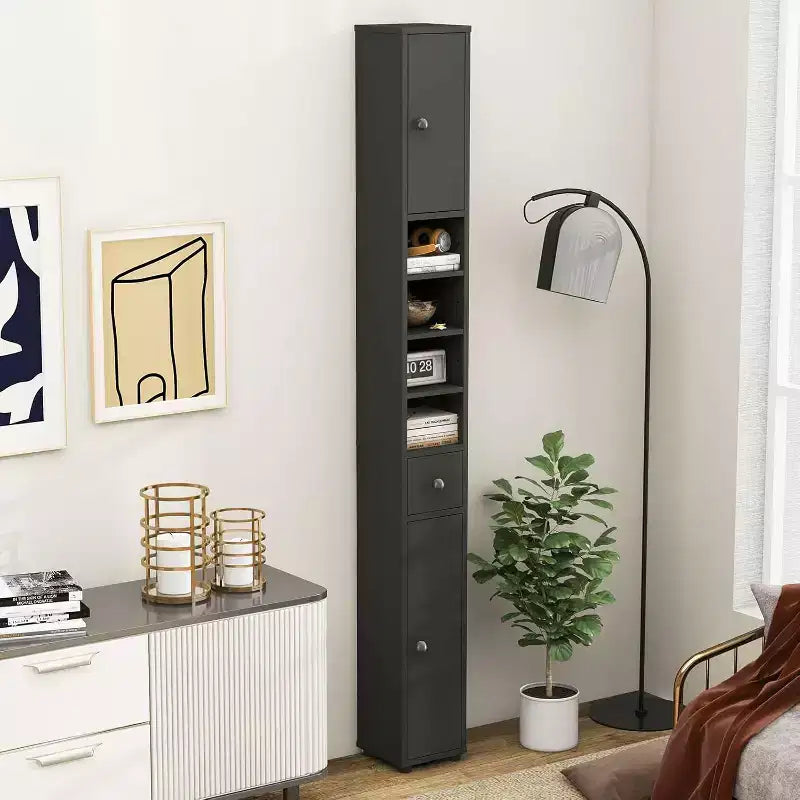 Tall Slim Bathroom Storage Cabinet Linen Tower with Drawer and Adjustable Shelves