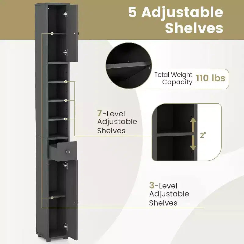 Tall Slim Bathroom Storage Cabinet Linen Tower with Drawer and Adjustable Shelves