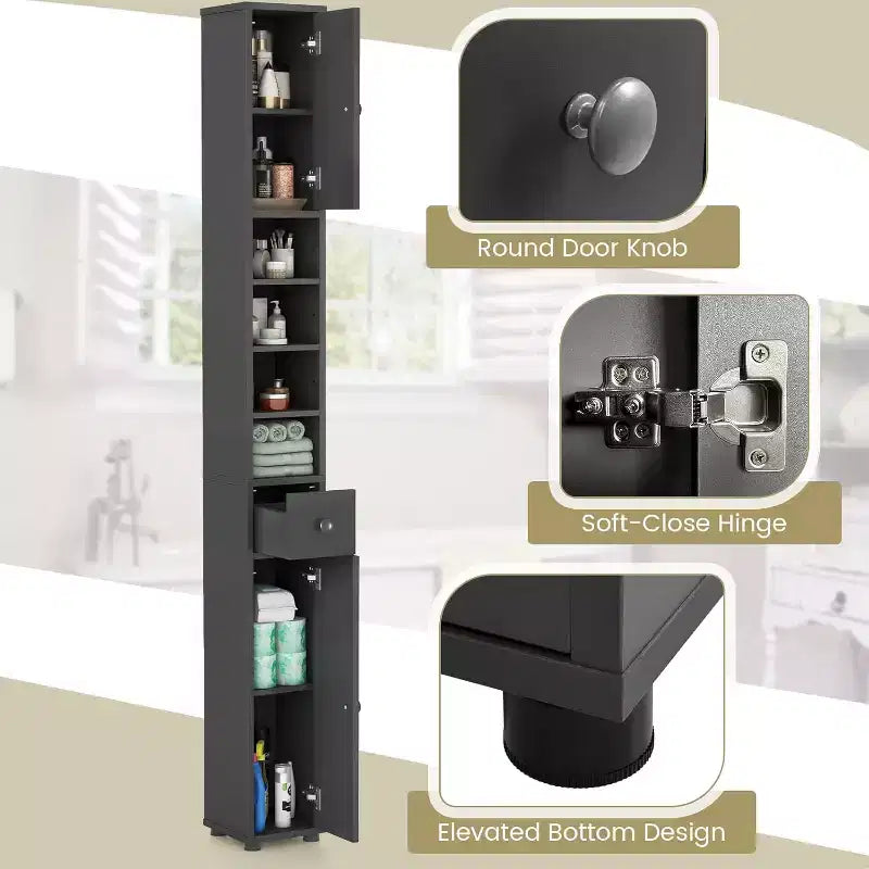 Tall Slim Bathroom Storage Cabinet Linen Tower with Drawer and Adjustable Shelves