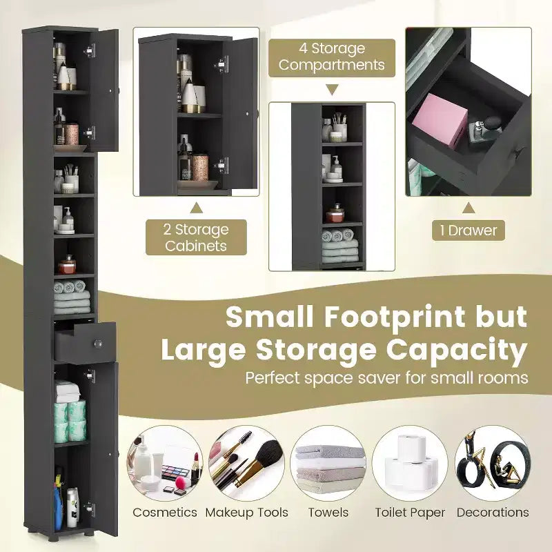 Tall Slim Bathroom Storage Cabinet Linen Tower with Drawer and Adjustable Shelves