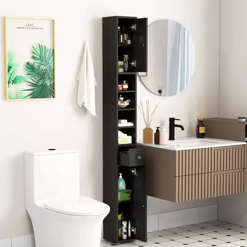 Tall Slim Bathroom Storage Cabinet Linen Tower with Drawer and Adjustable Shelves