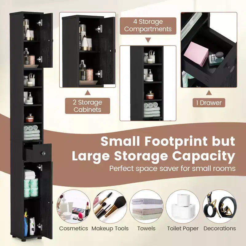 Tall Slim Bathroom Storage Cabinet Linen Tower with Drawer and Adjustable Shelves