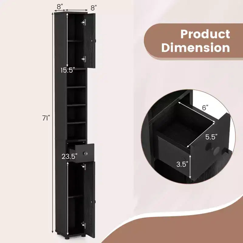 Tall Slim Bathroom Storage Cabinet Linen Tower with Drawer and Adjustable Shelves