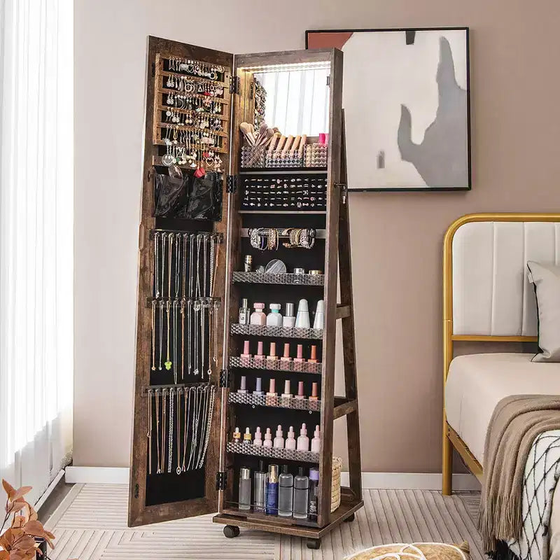 162.6 cm Lockable Jewelry Cabinet Armoire with Mirror and LED Lights