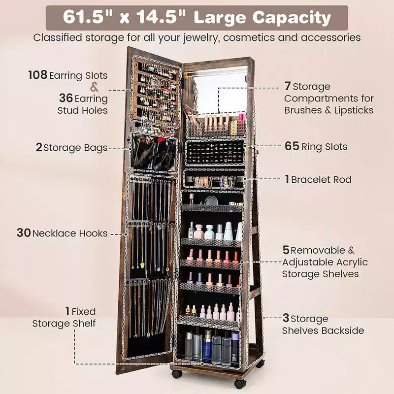 162.6 cm Lockable Jewelry Cabinet Armoire with Mirror and LED Lights