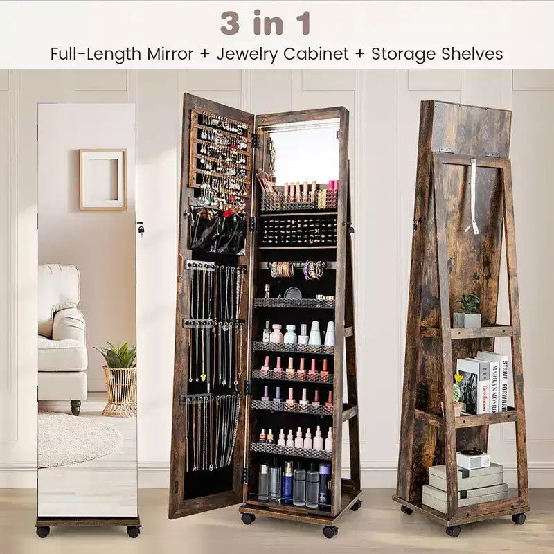 162.6 cm Lockable Jewelry Cabinet Armoire with Mirror and LED Lights