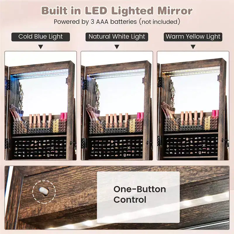 162.6 cm Lockable Jewelry Cabinet Armoire with Mirror and LED Lights