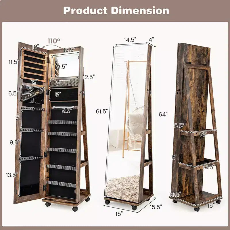 162.6 cm Lockable Jewelry Cabinet Armoire with Mirror and LED Lights